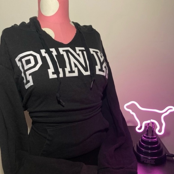 Victoria’s Secret Pink Logo Hoodie Oversized Campus Pullover Black Size Small - Picture 17 of 17